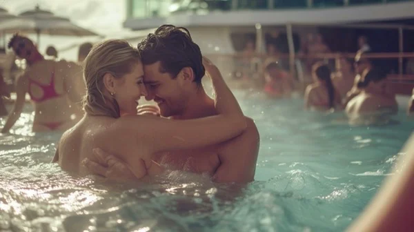 una pareja pasándoselo bien en la piscina de un crucero swinger una pareja pasándoselo bien en la piscina de un crucero swinger